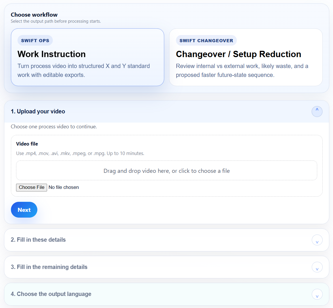 Swift Ops upload workflow showing Work Instruction and Changeover / Setup Reduction options